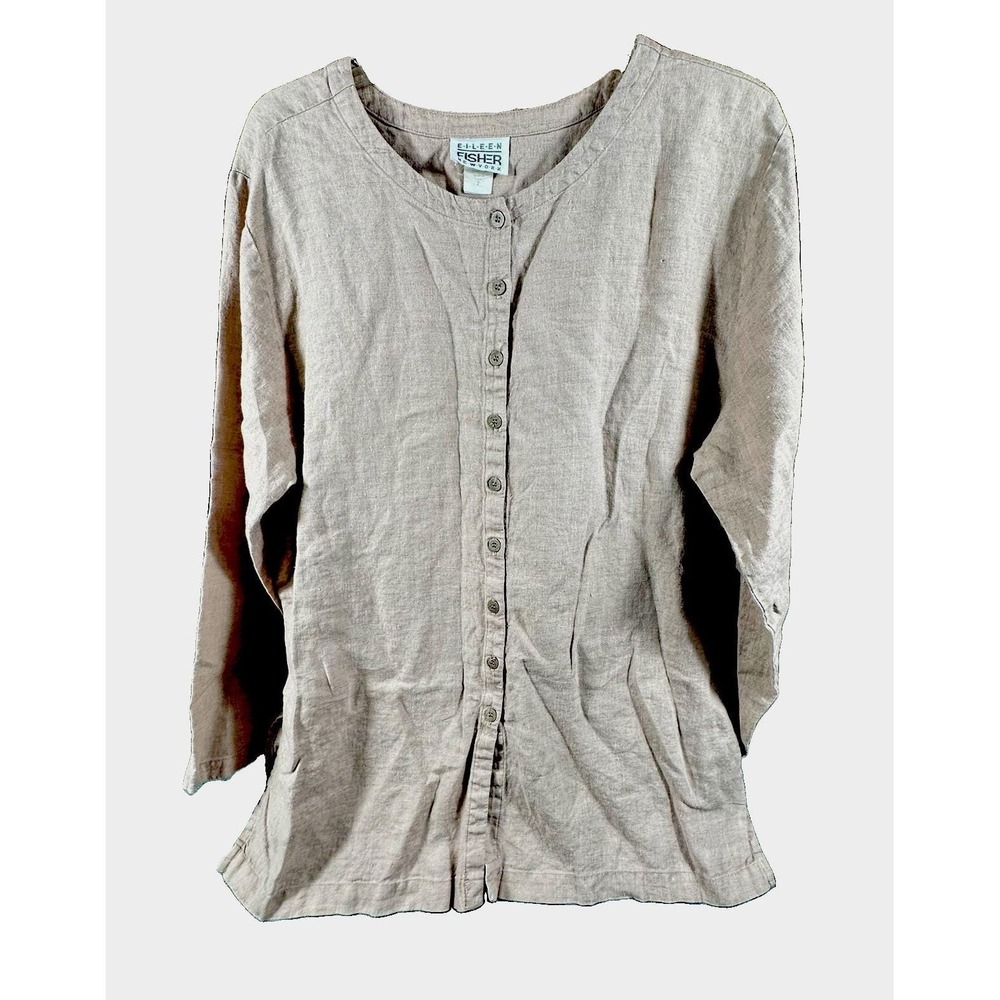 VTG Eileen Fisher USA 100% Linen Top Jacket Long Slv Button Old Money Beige Sz S